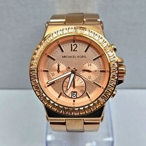 Michael Kors Dylan Rose Gold Chronograph Date Watch Baguette MK New Battery